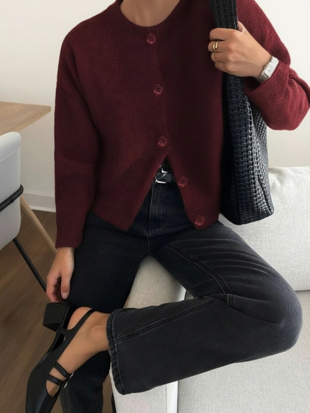 Burgundy Knit Button Through Cardigan Round Neck Long Sleeve